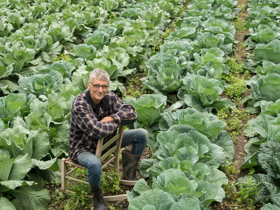 Robin Fortin, souriant, assis sur une chaise de bois dans un champ de choux